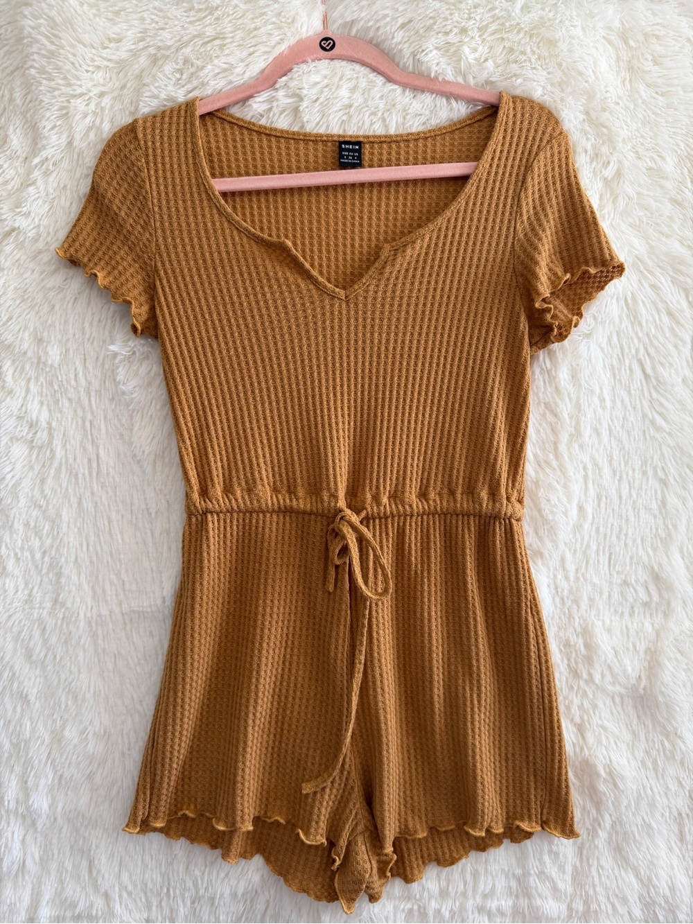 Shein Womens Waffle Knit Notched Neck Lettuce Trim Romper Size S Mustard Yellow